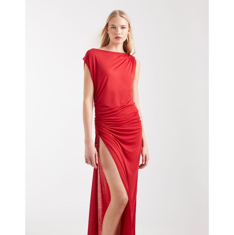 Weekday sheer maxi dress with gathered seams and side splits in red 115409249
