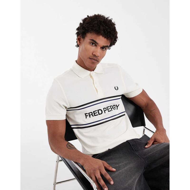 Fred Perry text logo graphic polo shirt in ecru-White