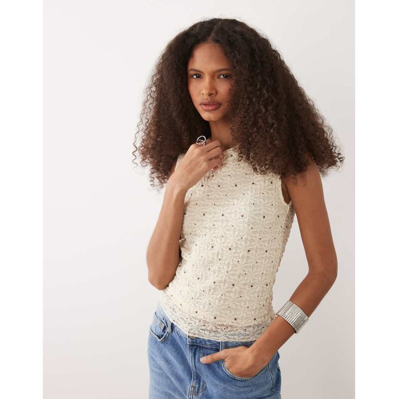 Mango Pati studded sleeveless top in cream-Neutral 115409279