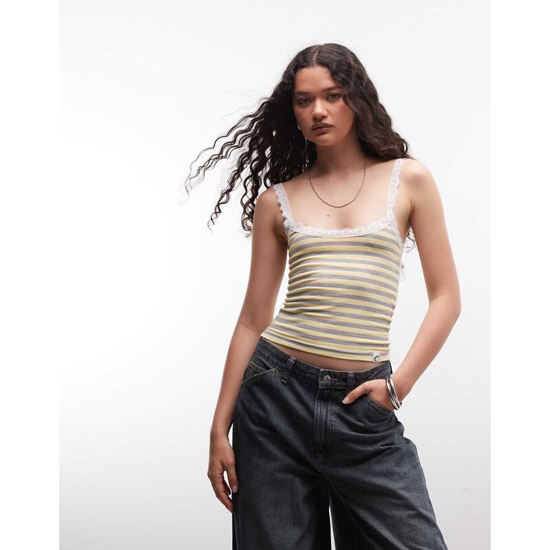 COLLUSION lace trim cami in yellow and grey stripe 115409281