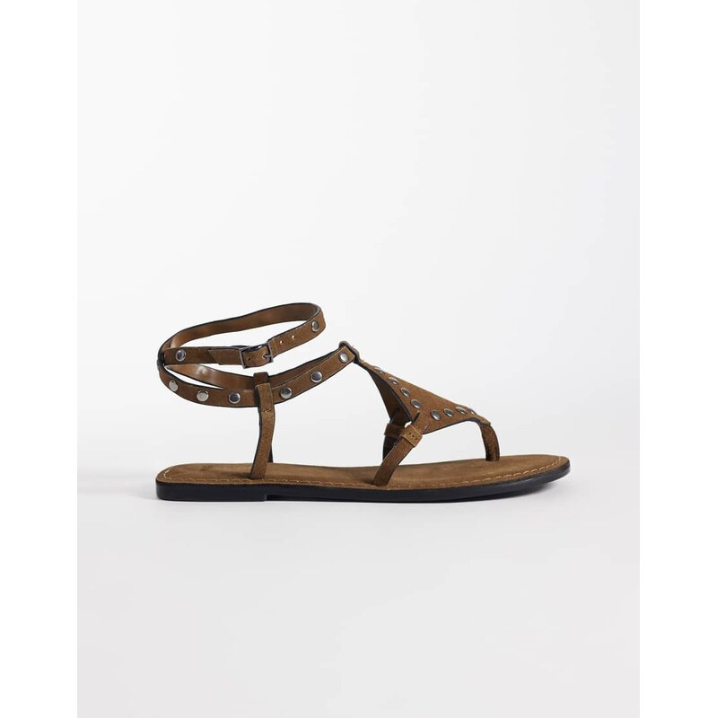 Mango Teen 100% suede leather studded flat sandal in brown 115409289