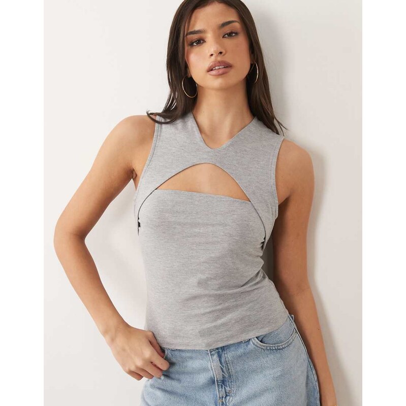 ASOS DESIGN sleeveless deep v top with cut out detail in grey