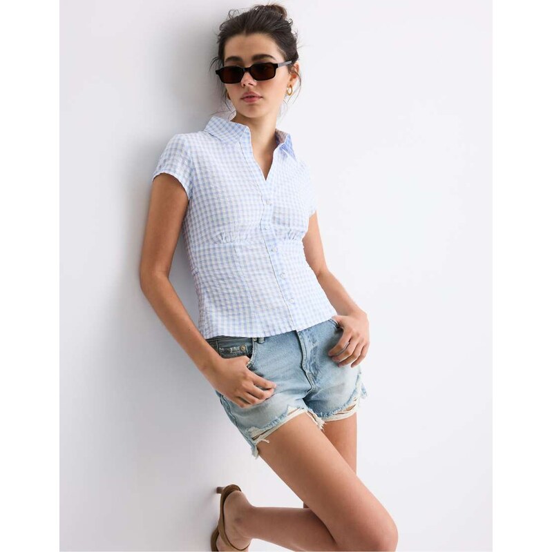 Stradivarius Short sleeve shirt with underbust seam in sky blue 115409317