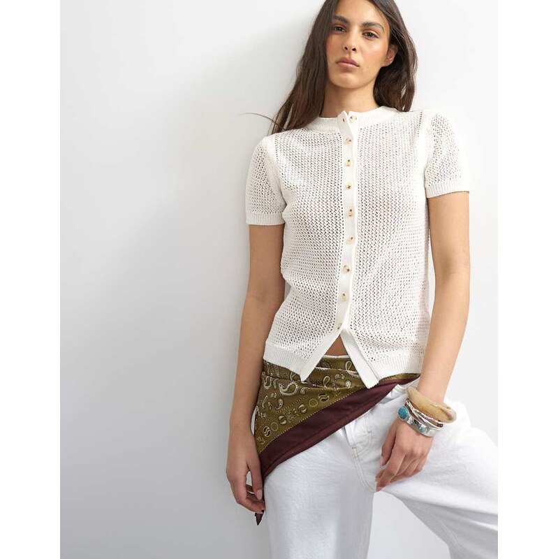 Topshop knitted stitchy cardigan in ecru-White 115529506