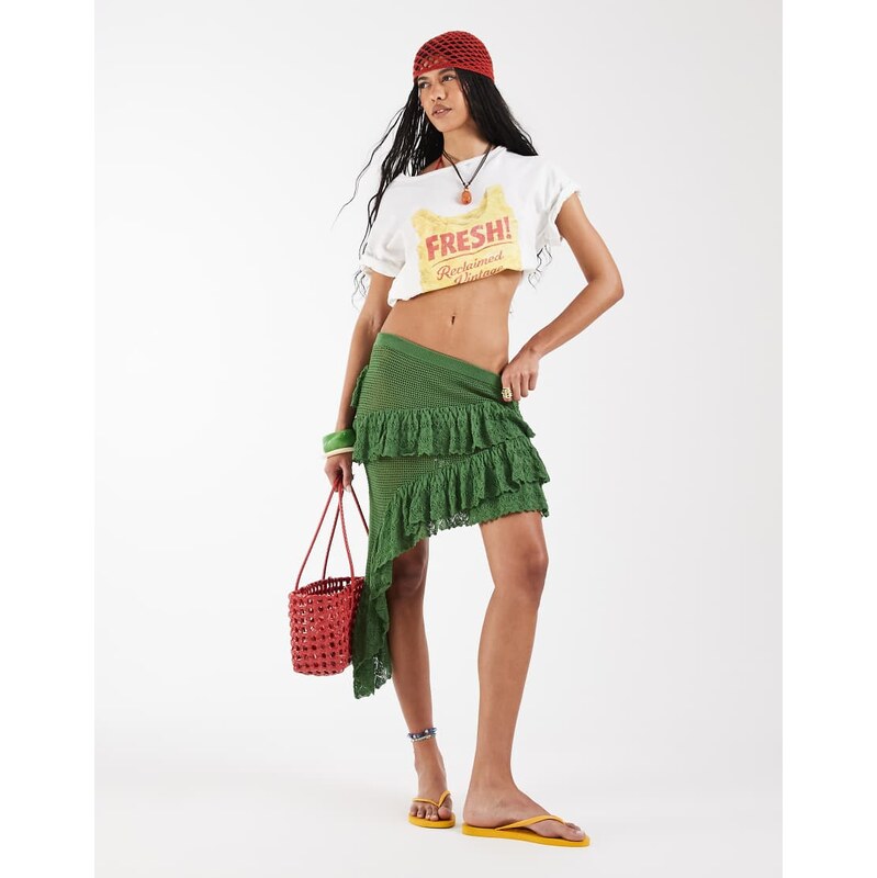 Reclaimed Vintage crochet tiered high low skirt in green