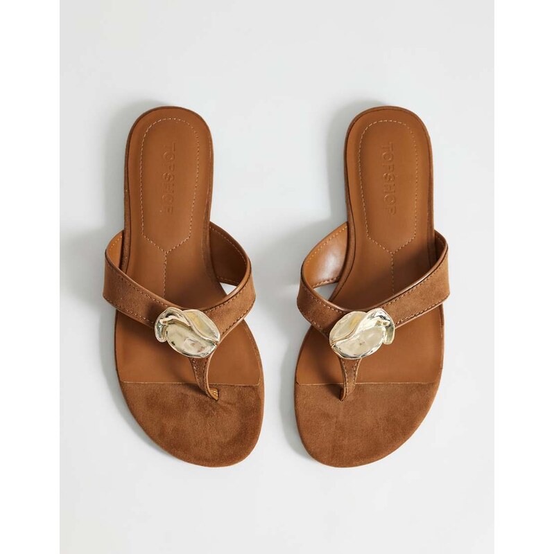 Topshop Eden toe thong sandal with hardware in tan faux suede-Brown 115640334