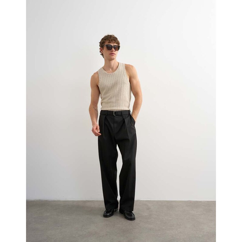 Topman wide leg belted twill trouser in black