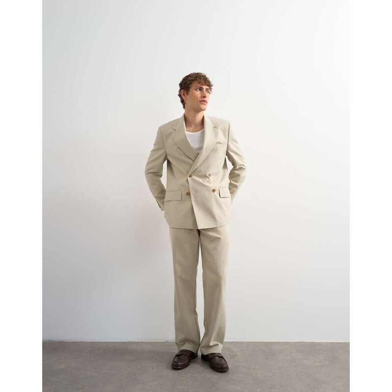 Topman relaxed fit double breasted stripe blazer in stone