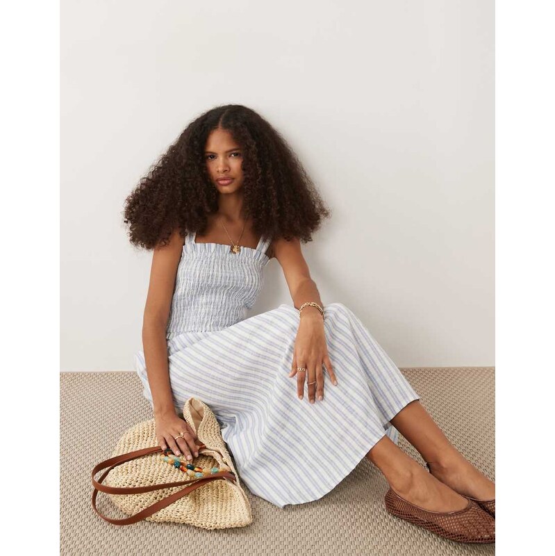 New Look stripe shirred tie back midi dress in blue