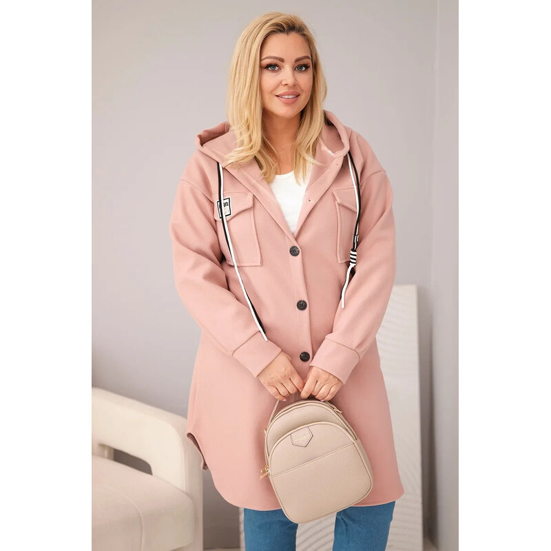 K-Fashion Dámský kabát plus size s kapucí zapínaný na knoflíky