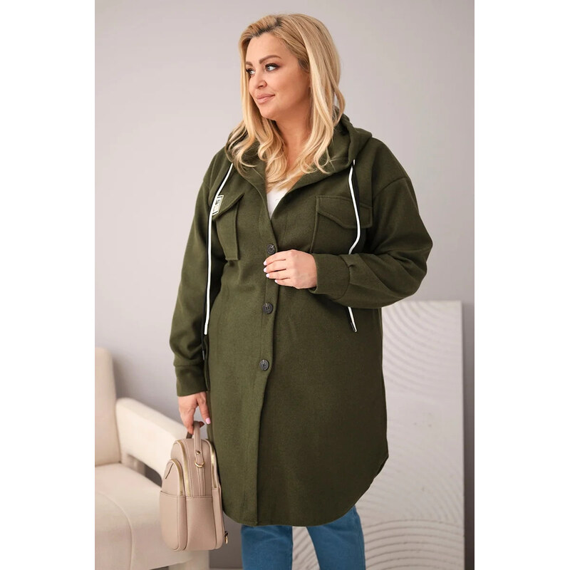 K-Fashion Dámský kabát Plus Size s kapucí zapínaný na knoflíky khaki 115406311