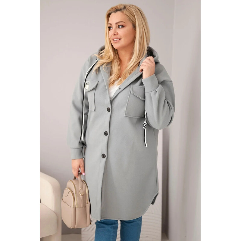 K-Fashion Dámský plášť Plus Size s kapucí zapínaný na knoflíky šedý 115406312