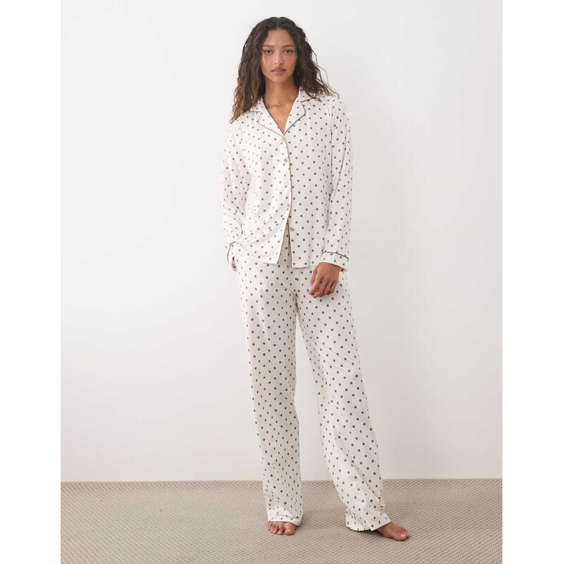 Threadbare button down super soft pyjama set in white and brown polka 115411007