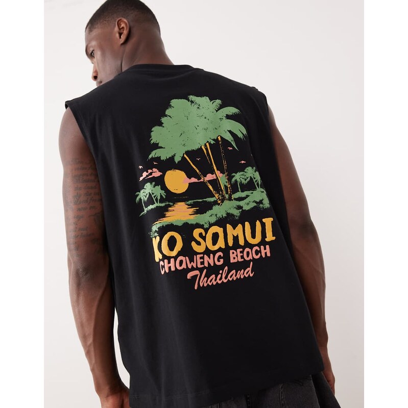ASOS DESIGN oversized tank with island back graphic in grey