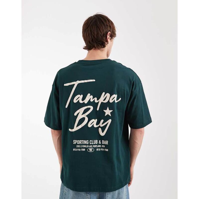 ASOS DESIGN oversized t-shirt with text back graphic in dark green