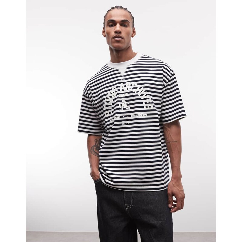 ASOS DESIGN oversized t-shirt with puff print text in navy stripe-Multi