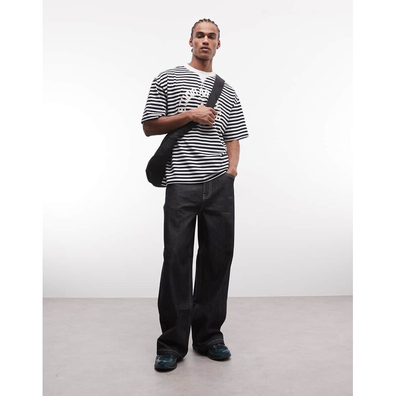 ASOS DESIGN oversized t-shirt with puff print text in navy stripe-Multi
