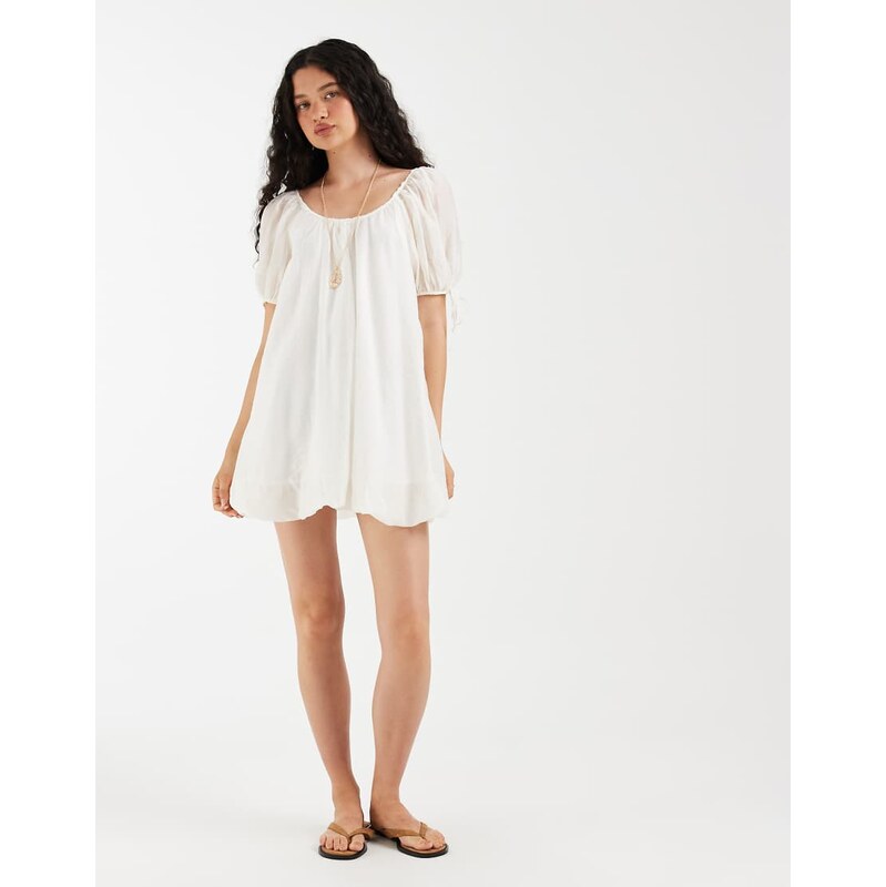 ASOS DESIGN puff mini dress in white-Brown
