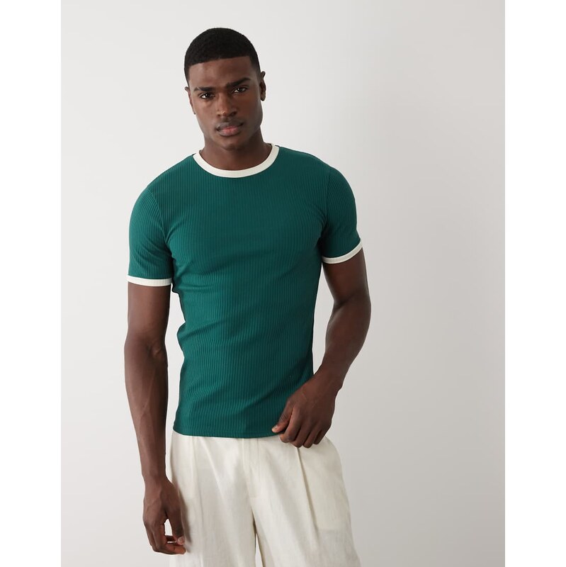 ASOS DESIGN heavyweight muscle fit ringer t-shirt in green rib