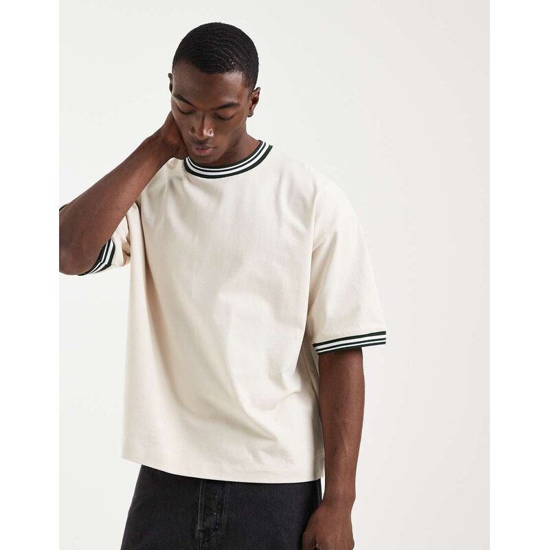 ASOS DESIGN boxy oversized t-shirt with contrast trim in beige