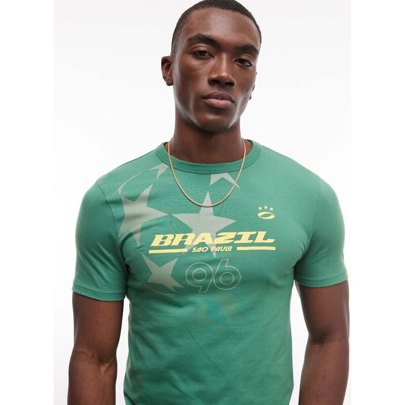 ASOS DESIGN muscle t-shirt with Brazil football graphic in green