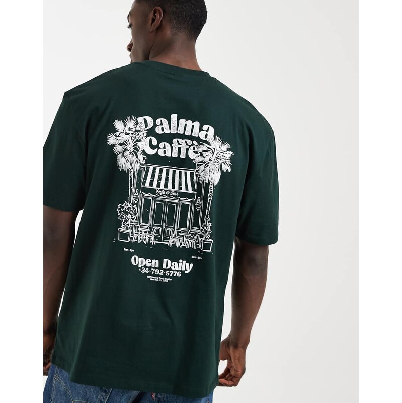 ASOS DESIGN relaxed t-shirt with cafe graphic in dark green