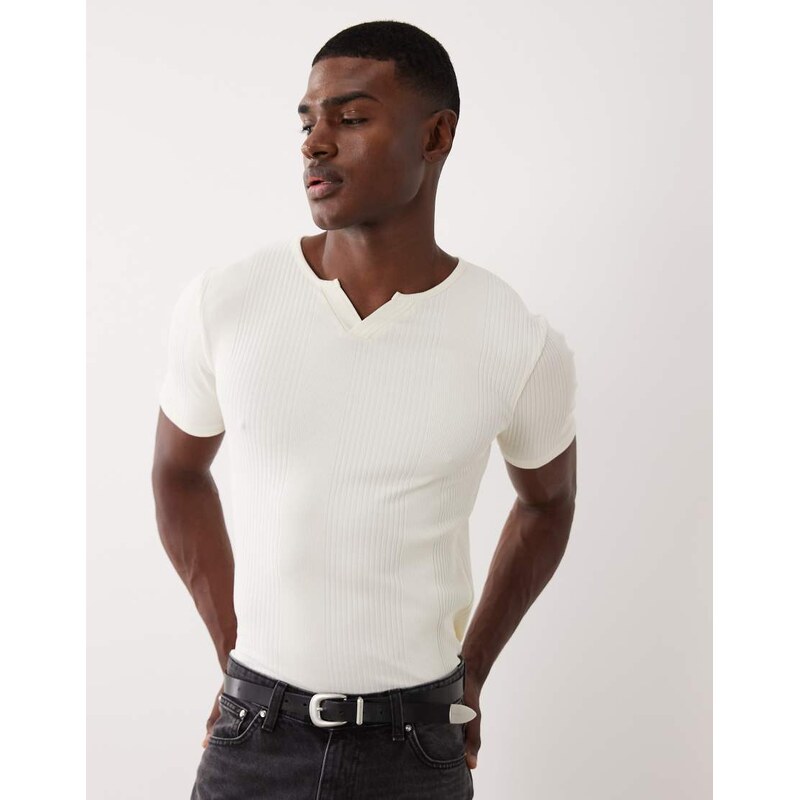 ASOS DESIGN muscle fit t-shirt with notch neck in cream smart