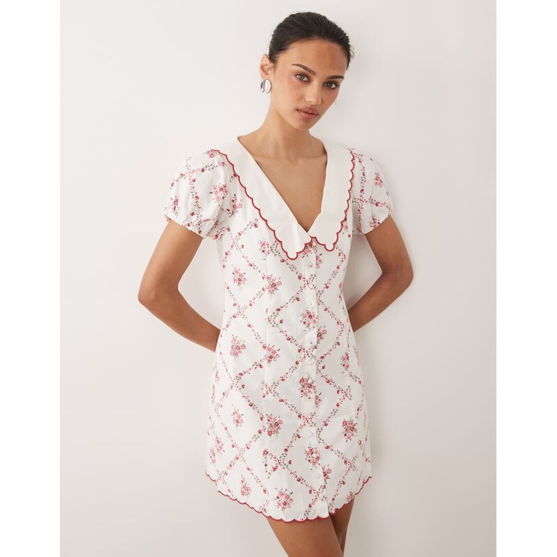 Abercrombie & Fitch collared puff sleeve mini dress in white floral print-Neutral