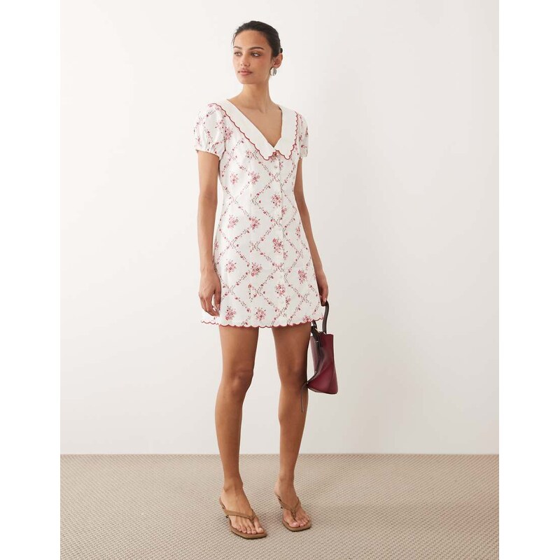Abercrombie & Fitch collared puff sleeve mini dress in white floral print-Neutral
