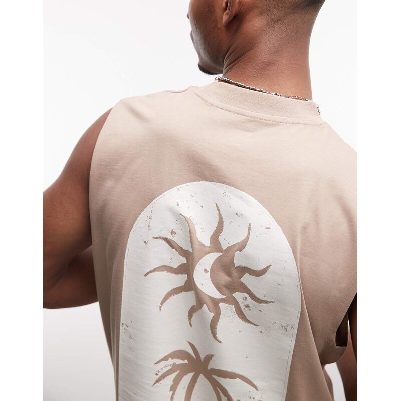 ASOS DESIGN oversized tank with palm puff print in mocha-Neutral