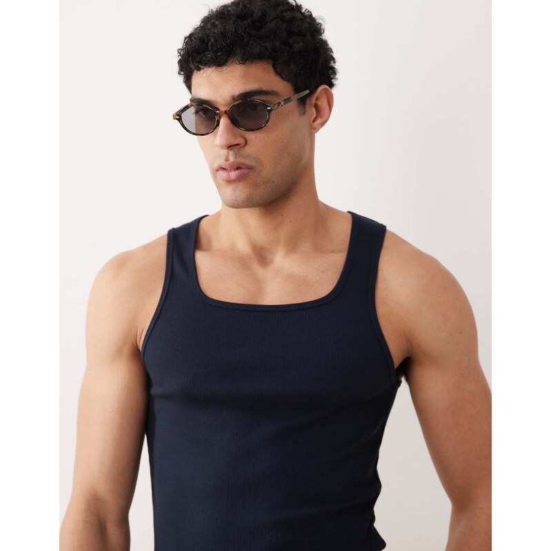 ASOS DESIGN muscle fit vest with square neck in navy rib