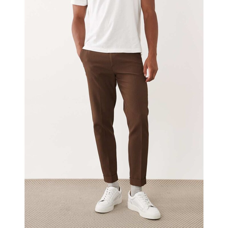 ASOS DESIGN tailored tapered comfort ribbed trousers in brown
