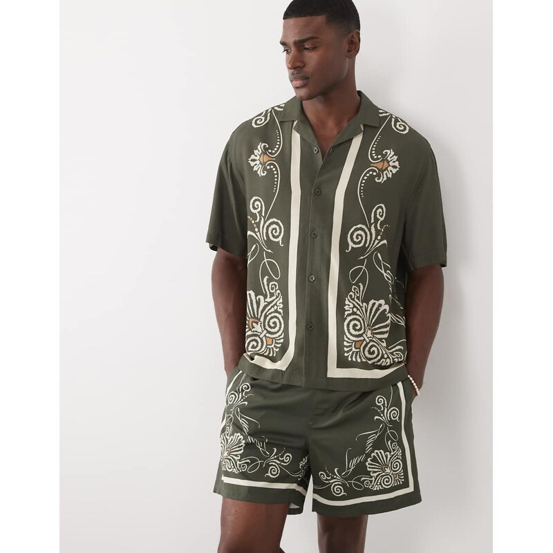 ASOS DESIGN co-ord swim shorts in short length with border print in green-Black