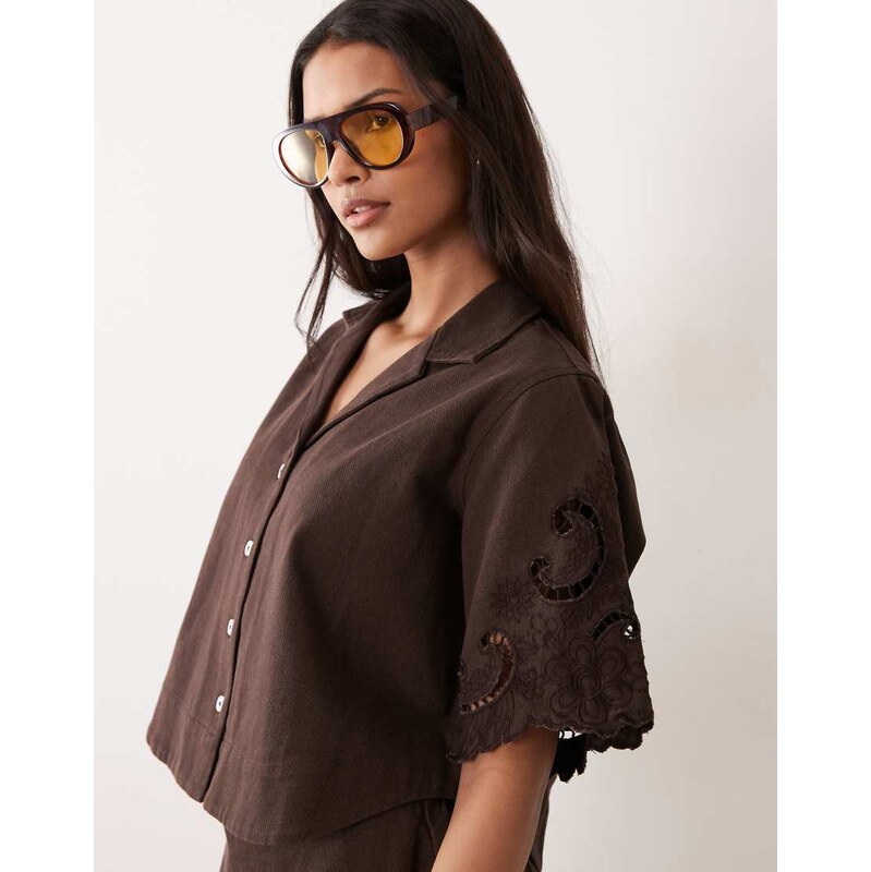 ASOS DESIGN denim short co-ord with cutwork in chocolate-Brown