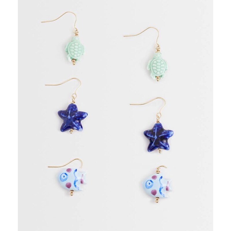 Accessorize pack of 3 ceramic fish hoop earrings in blue 115499546