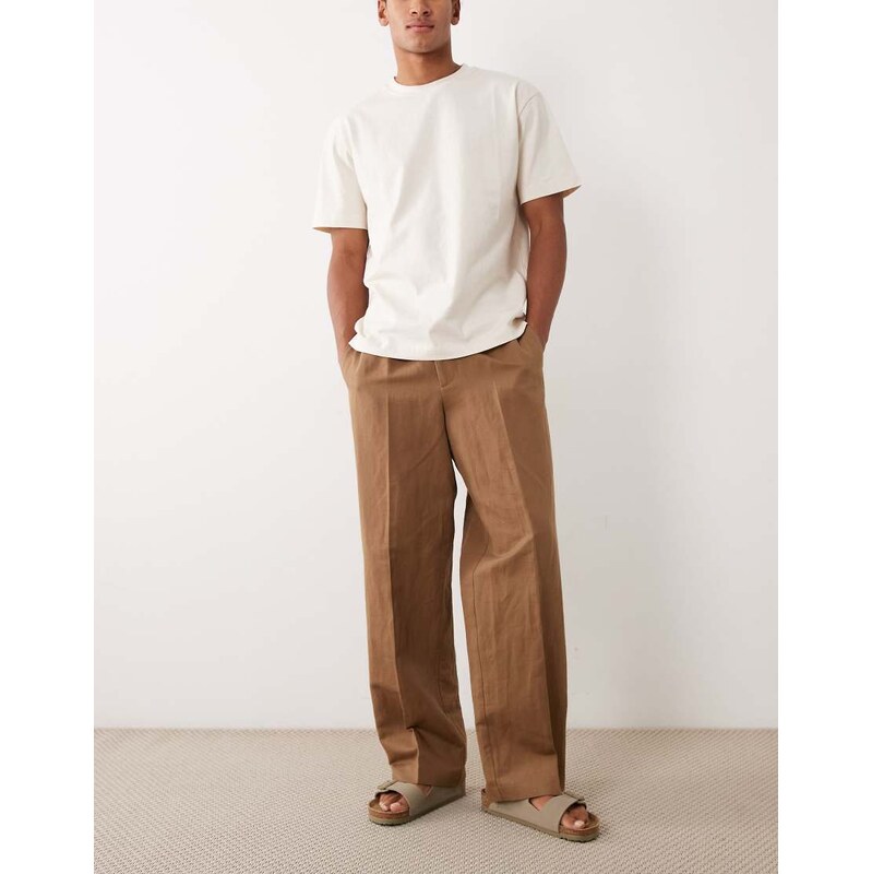 ASOS DESIGN linen rich tailored wide leg pull on trousers in