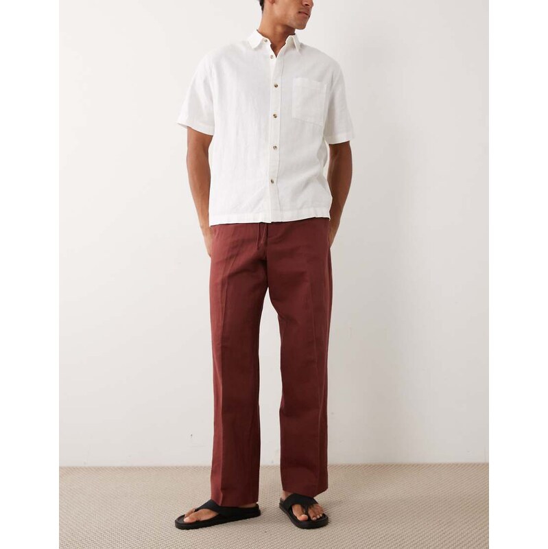 ASOS DESIGN linen rich tailored wide leg pull on trousers in burgundy