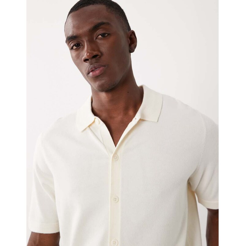 Threadbare relaxed fit knitted short sleeve shirt in ecru-White