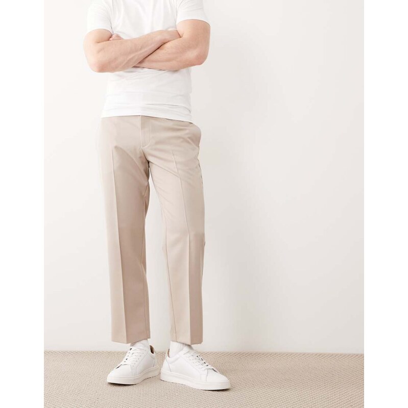 ASOS DESIGN tailored straight cropped trousers in stone-Neutral