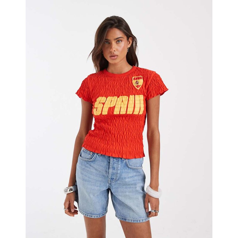 ASOS DESIGN shirred baby tee with Spain football graphic in red
