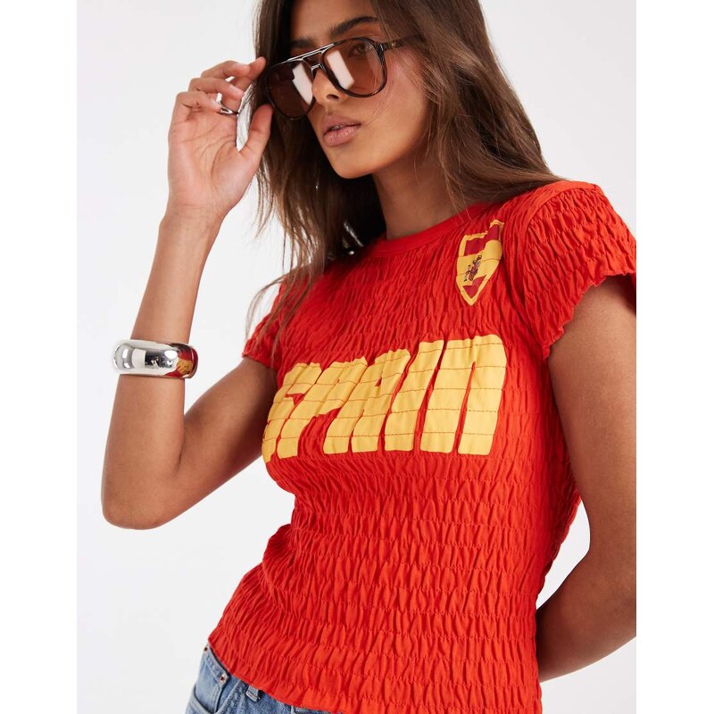 ASOS DESIGN shirred baby tee with Spain football graphic in red
