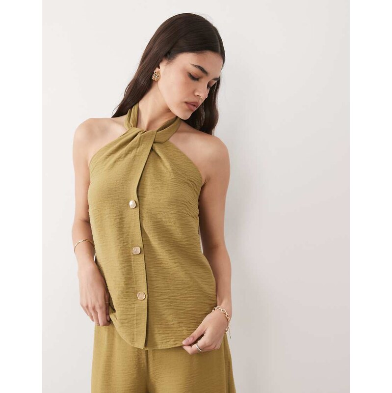 New Look co-ord button down halter neck top in khaki-Green