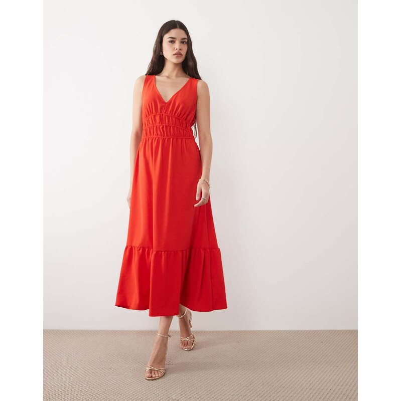 New Look v neck ruched waist midi dress in red 115730668