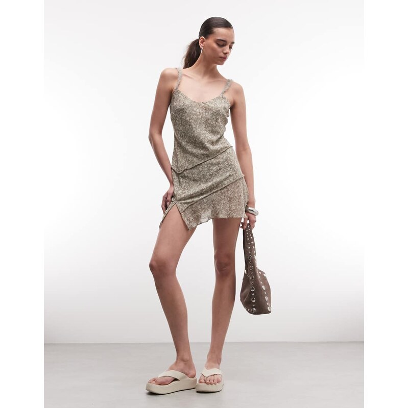 Monki layered mini dress in khaki floral print-Green 115589781