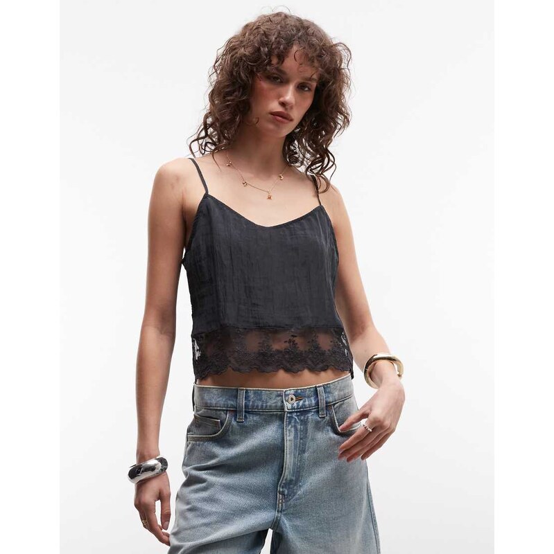 Monki textured satin lace top in black