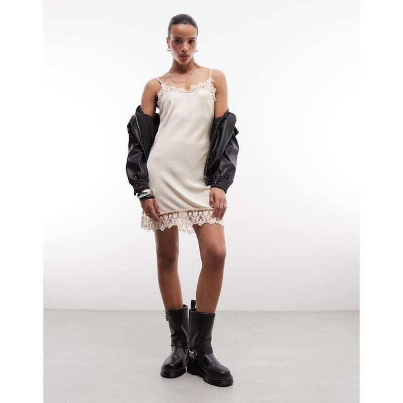 Monki lace detail satin slip mini dress in off white-Neutral