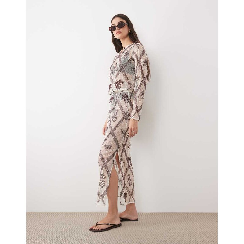 River Island motif crochet maxi skirt co-ord in cream-White