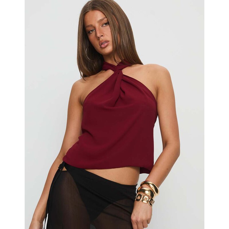 Princess Polly Adalynne twist front halterneck top in burgundy