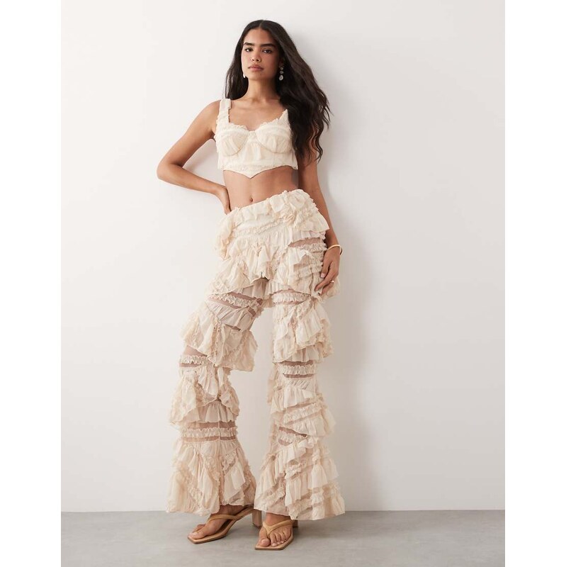 ASOS LUXE co-ord ruffle detail wide leg trousers in cream-White