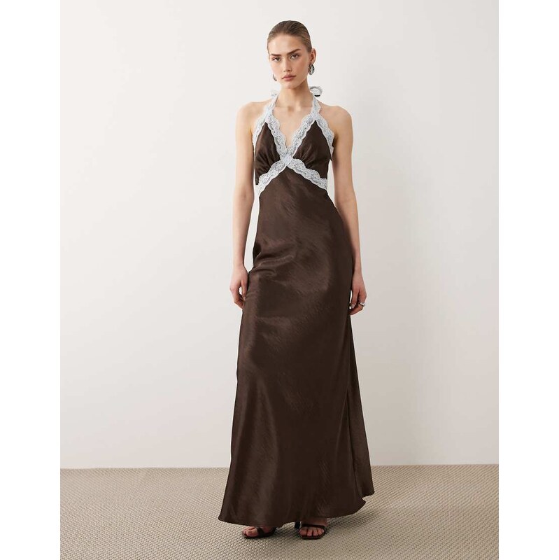 SNDYS satin contrast lace halterneck maxi dress in chocolate